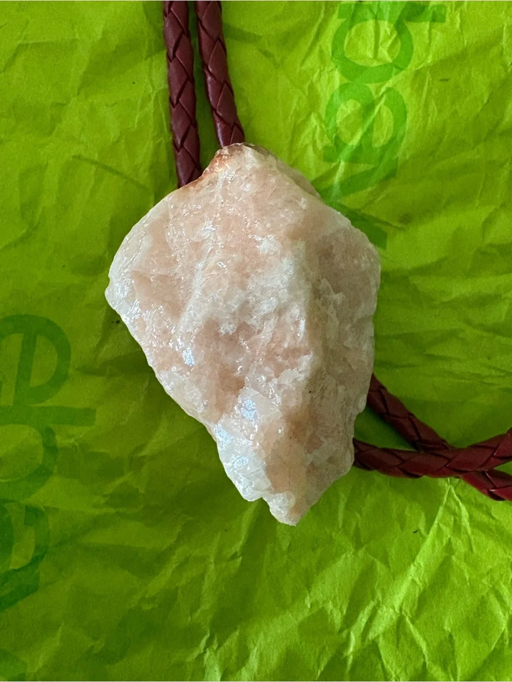 Raw Pink Crystal Pendant on Braided Cord Bolo Tie